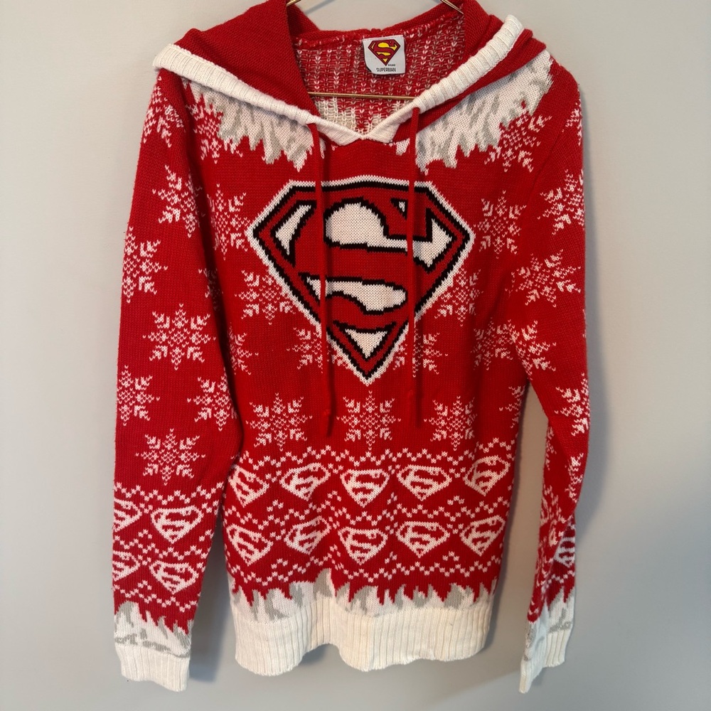 SUPERMAN Unisex Christmas Sweater Hoodie UGLY Red & White Size SMALL